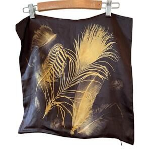West Elm Chocolate Brown Silk Throw Pillow Cover Gold Feather Print